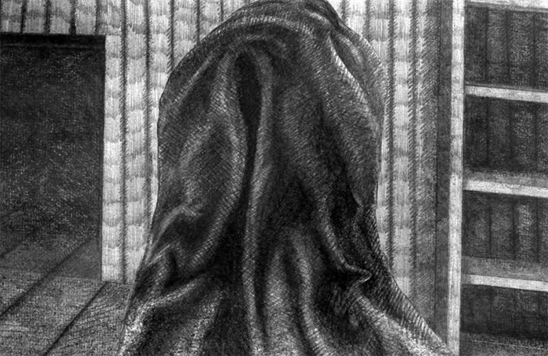 Pencil drawn image of a cloaked figure on a ship taken from the visual narrative the Limerickee