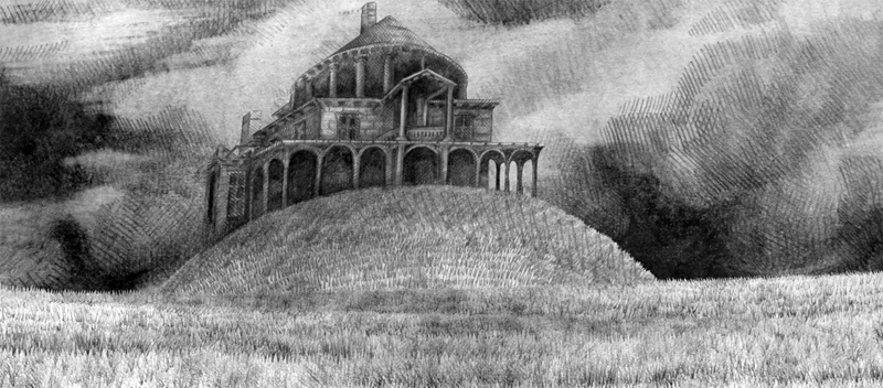 Pencil drawn image of a mansion valley taken from the visual narrative the Limerickee