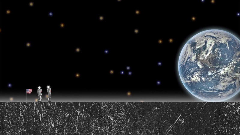 still of Neil and Buzz looking at the Earth from the surface of the moon taken from the short animation a Story From Space 